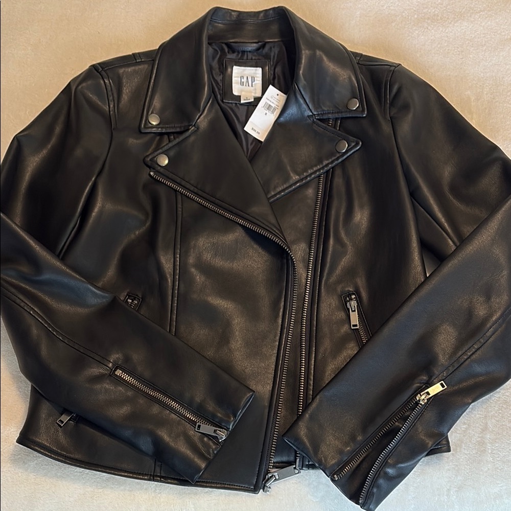 GAP Black Faux Leather Jacket Asymmetrical Zipper Fitted